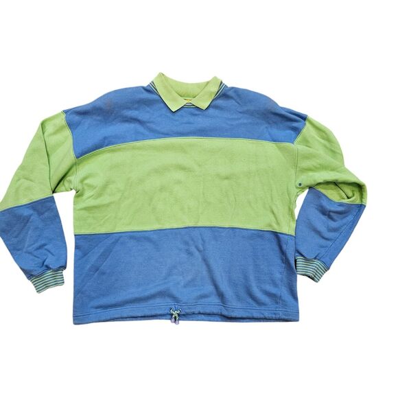 Vtg Lizwear Liz Claibirne Colorblock Sweatshirt Womens M Green Blue Collared - Picture 1 of 9